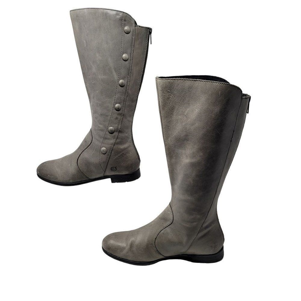 Born Gray Tall Distressed Leather Boots 7 Button Flat Zip Up Mid Calf Boho